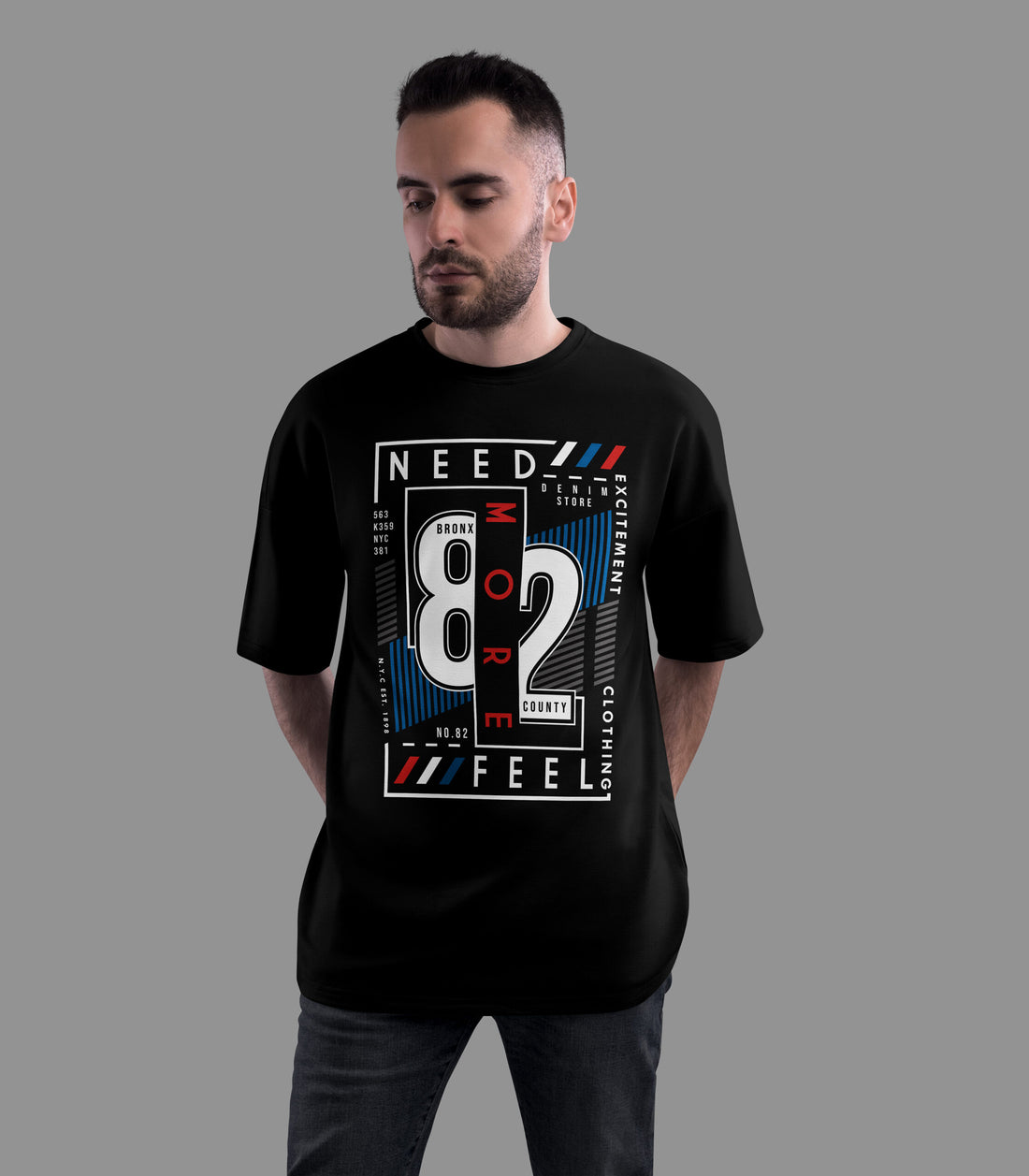 Need More Feel 82 Oversized Black T-Shirt with Bronx Graphic