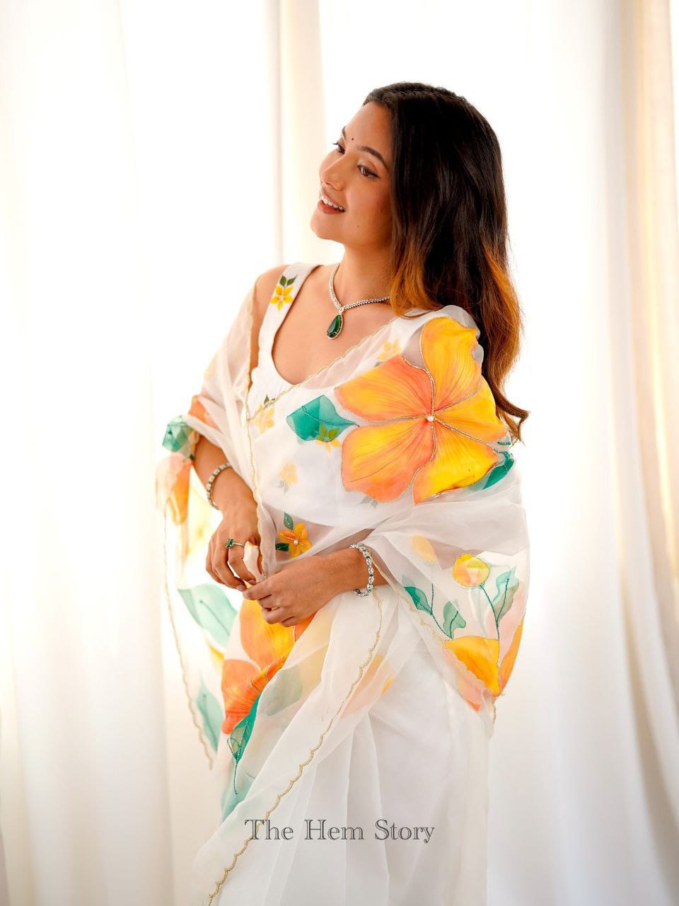 Premium Taby Silk Handwork Saree with Floral Print & Pearl Embellishment | Exclusive Designer Collection